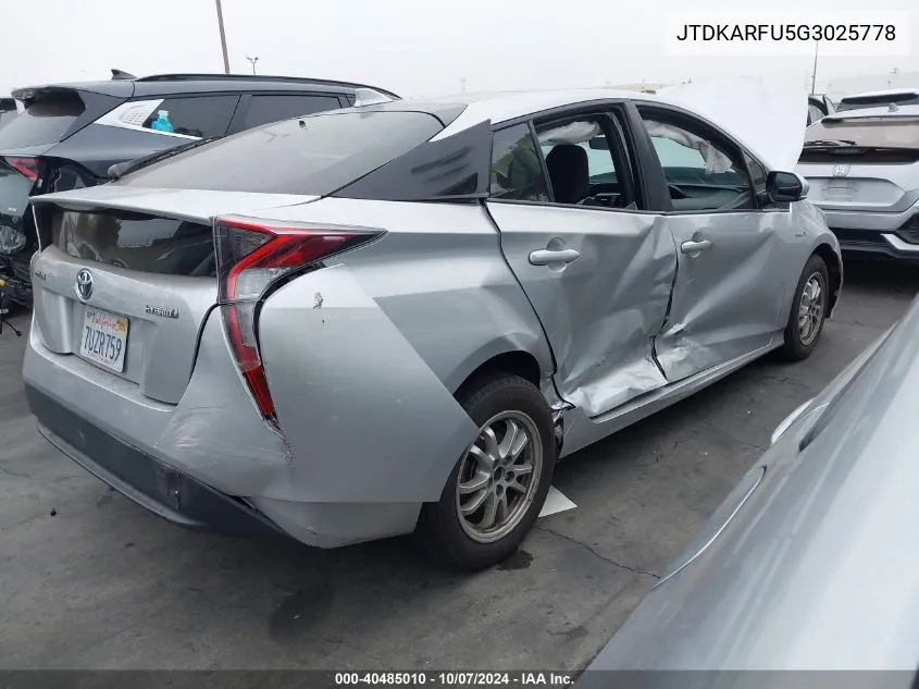 2016 Toyota Prius VIN: JTDKARFU5G3025778 Lot: 40485010