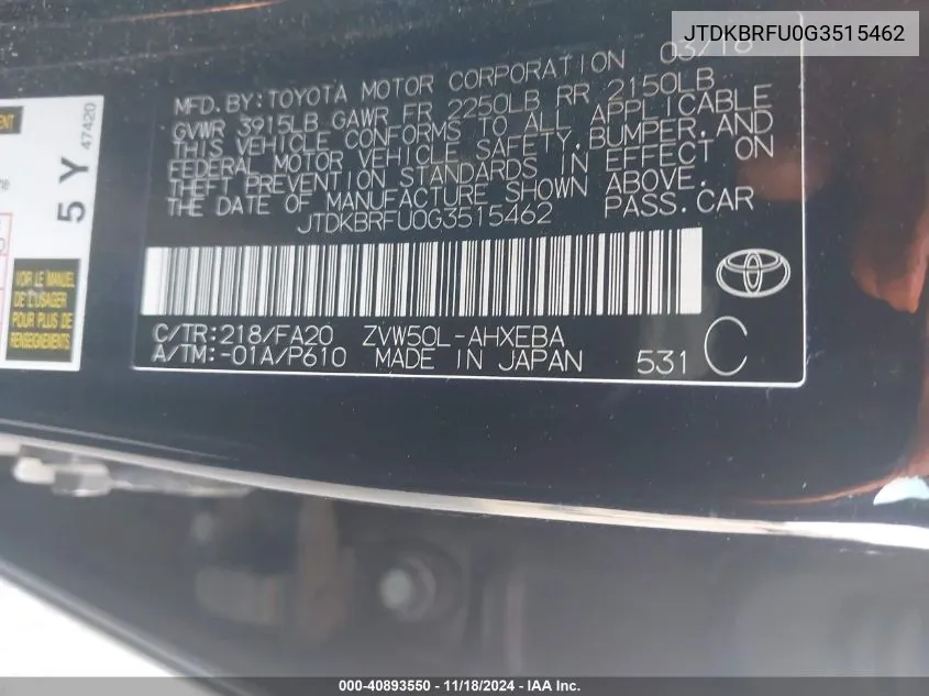 2016 Toyota Prius Two VIN: JTDKBRFU0G3515462 Lot: 40893550