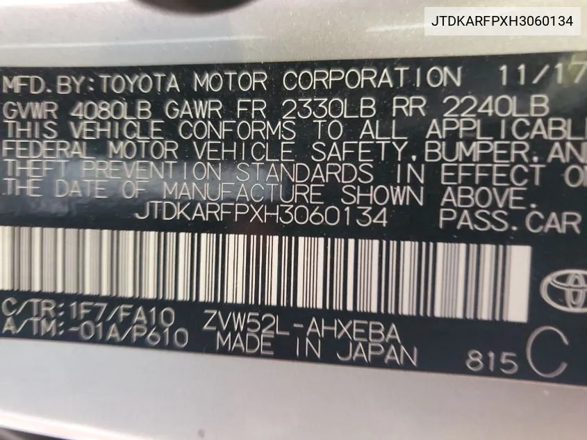 2017 Toyota Prius Prime Plus VIN: JTDKARFPXH3060134 Lot: 40567174