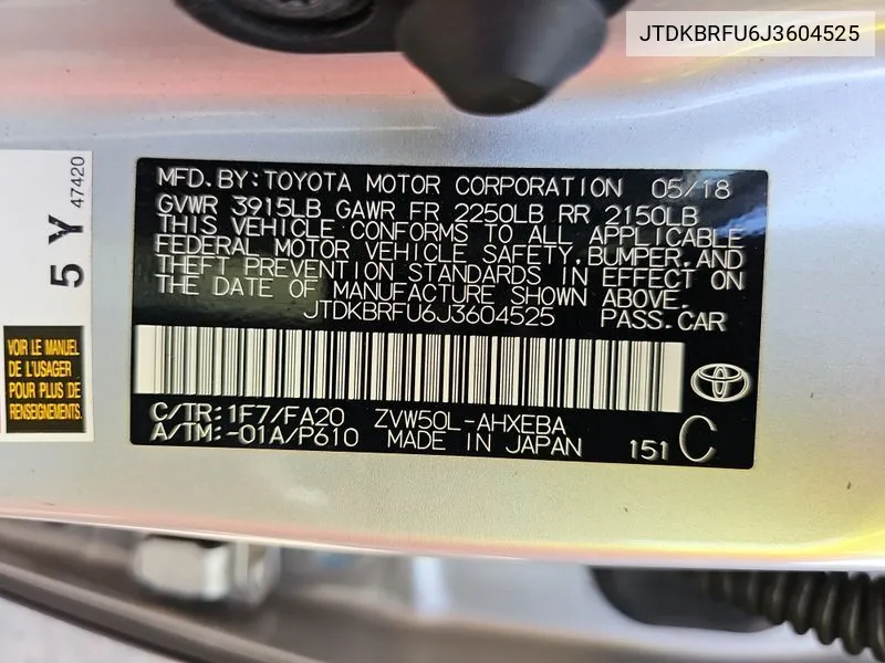 2018 Toyota Prius Four/Four Touring/One/Three/Three Touring/Two/Two Eco VIN: JTDKBRFU6J3604525 Lot: 40648962