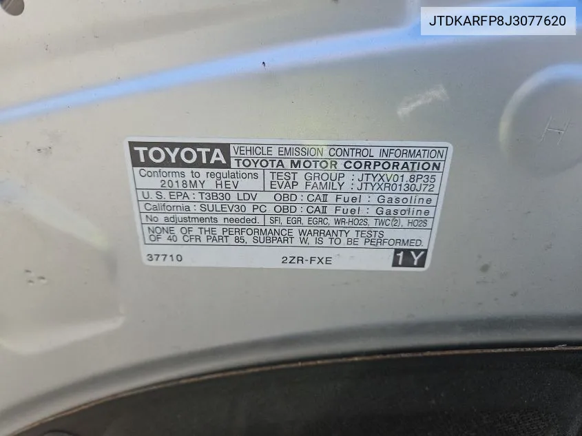 2018 Toyota Prius Prime Plus VIN: JTDKARFP8J3077620 Lot: 40803777