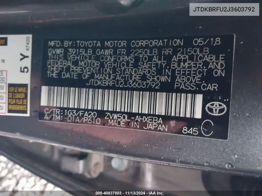 JTDKBRFU2J3603792 2018 Toyota Prius Two