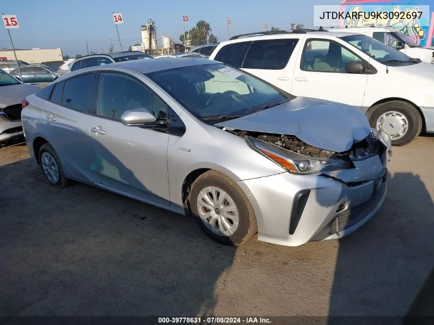 2019 Toyota Prius Le VIN: JTDKARFU9K3092697 Lot: 39778631