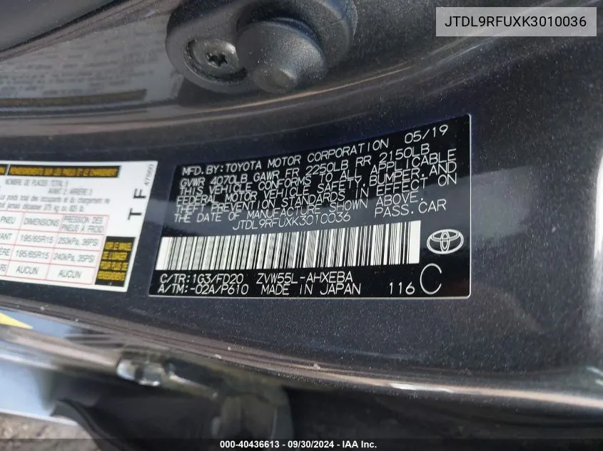 JTDL9RFUXK3010036 2019 Toyota Prius Le