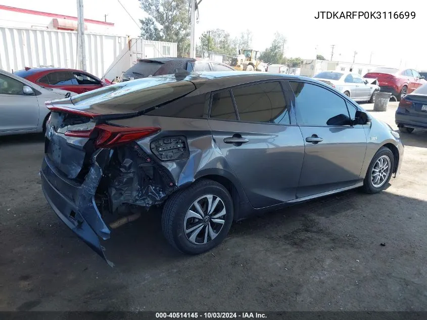 2019 Toyota Prius Prime Plus VIN: JTDKARFP0K3116699 Lot: 40514145