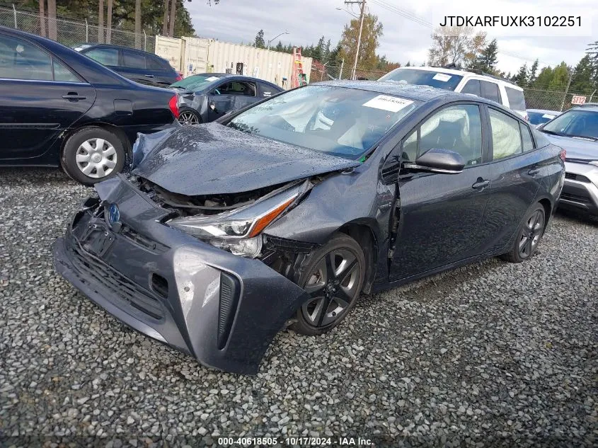 2019 Toyota Prius Xle VIN: JTDKARFUXK3102251 Lot: 40618505