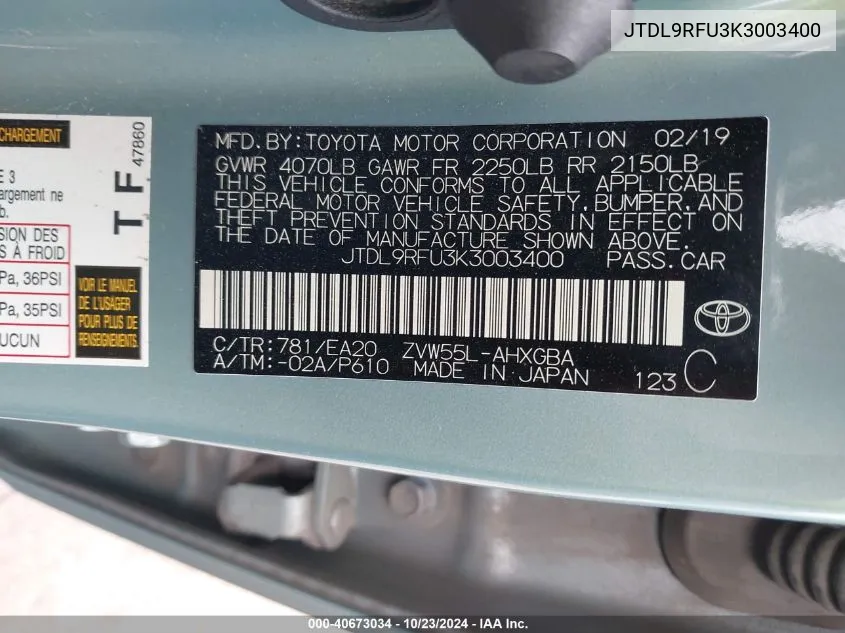 JTDL9RFU3K3003400 2019 Toyota Prius