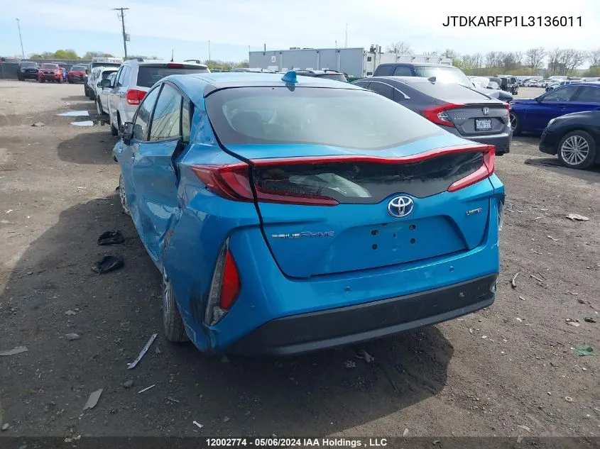 2020 Toyota Prius Prime Limited VIN: JTDKARFP1L3136011 Lot: 12002774