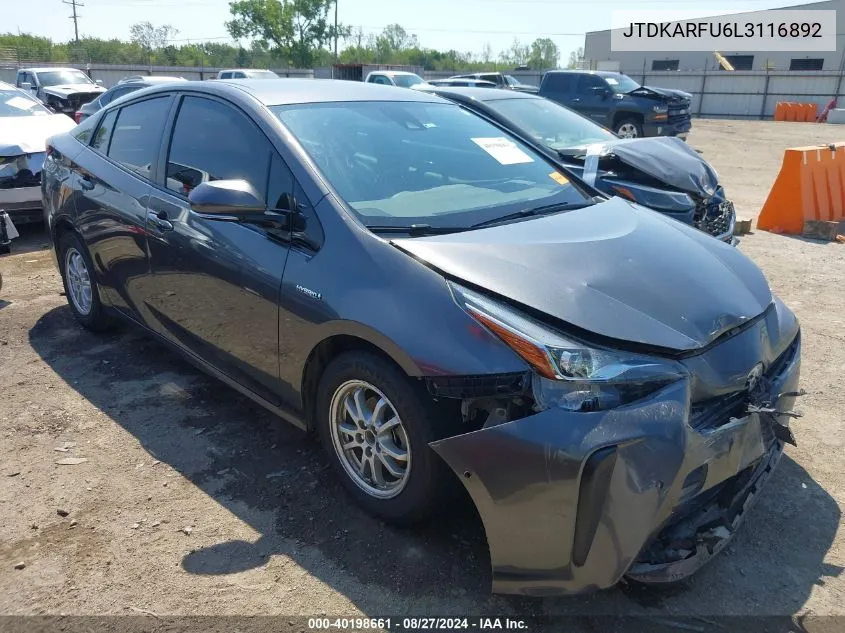 2020 Toyota Prius Le VIN: JTDKARFU6L3116892 Lot: 40198661