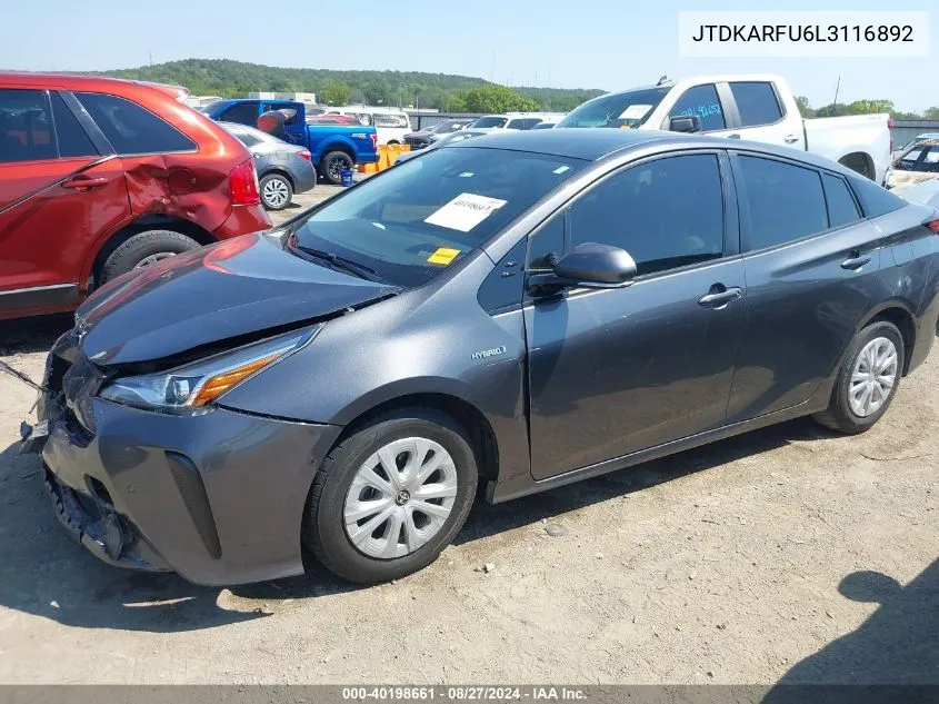 2020 Toyota Prius Le VIN: JTDKARFU6L3116892 Lot: 40198661