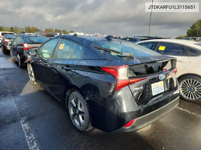 2020 Toyota Prius Xle VIN: JTDKARFU1L3115651 Lot: 40613843