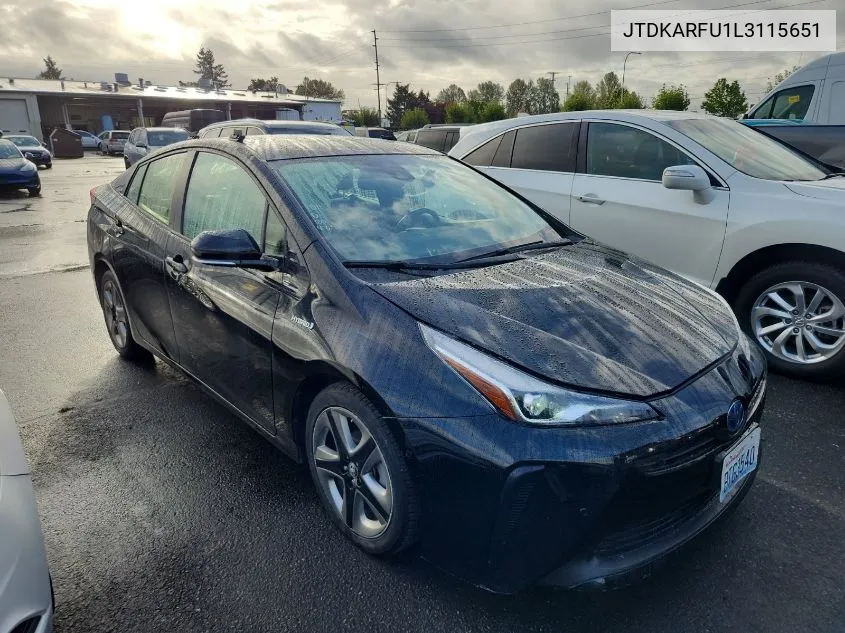 2020 Toyota Prius Xle VIN: JTDKARFU1L3115651 Lot: 40613843