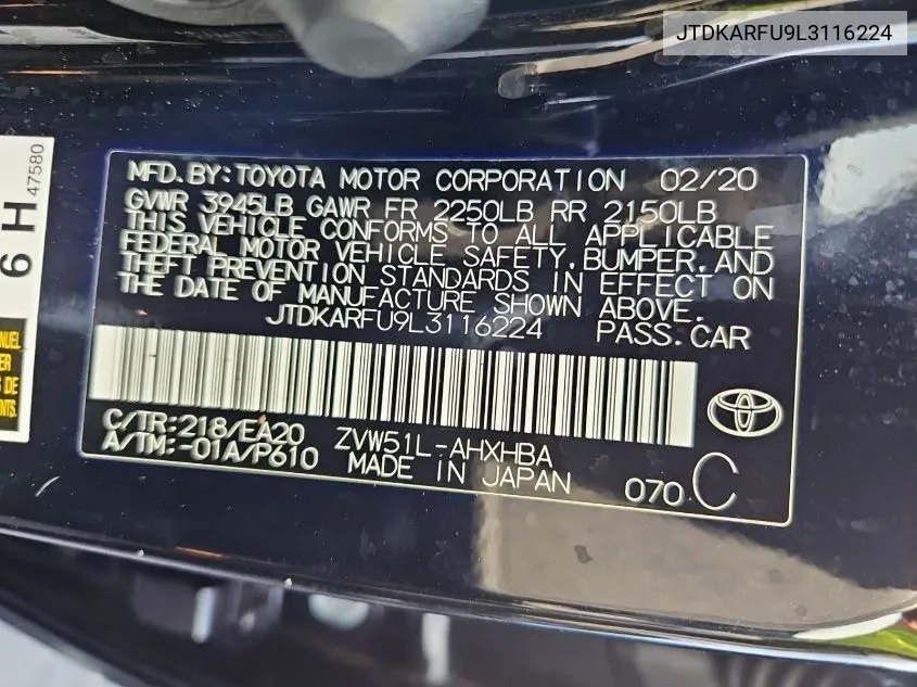 JTDKARFU9L3116224 2020 Toyota Prius L/Le/Xle/Limited