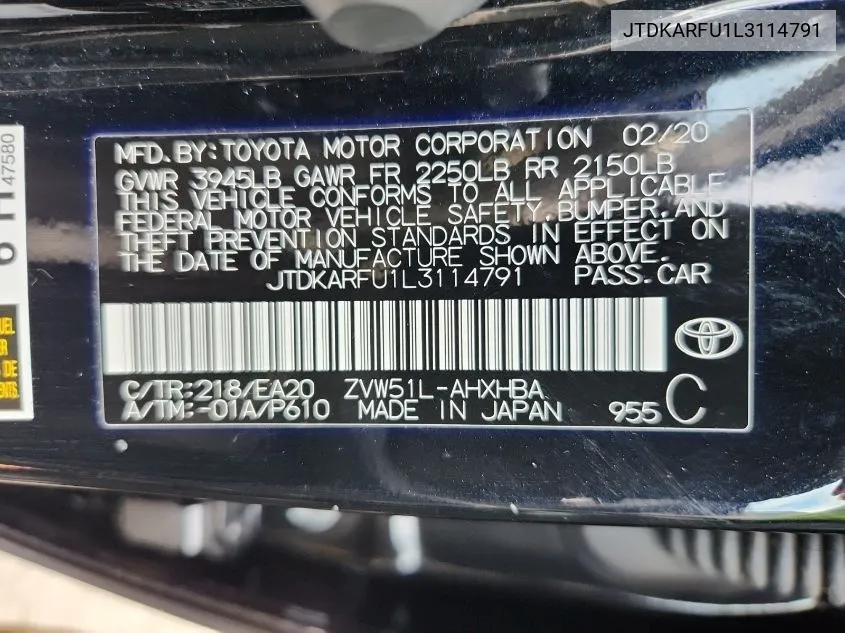 2020 Toyota Prius Xle VIN: JTDKARFU1L3114791 Lot: 40637561