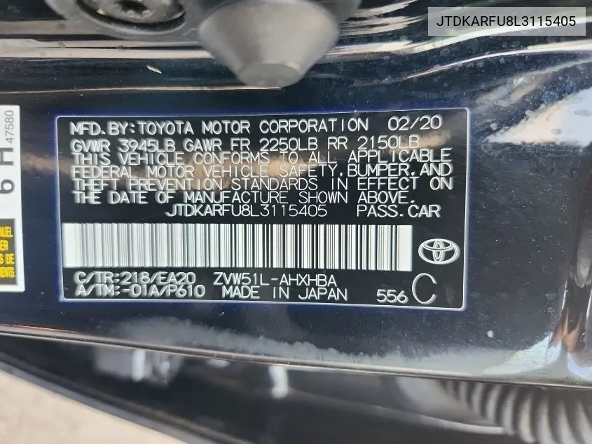 2020 Toyota Prius Xle VIN: JTDKARFU8L3115405 Lot: 40697098