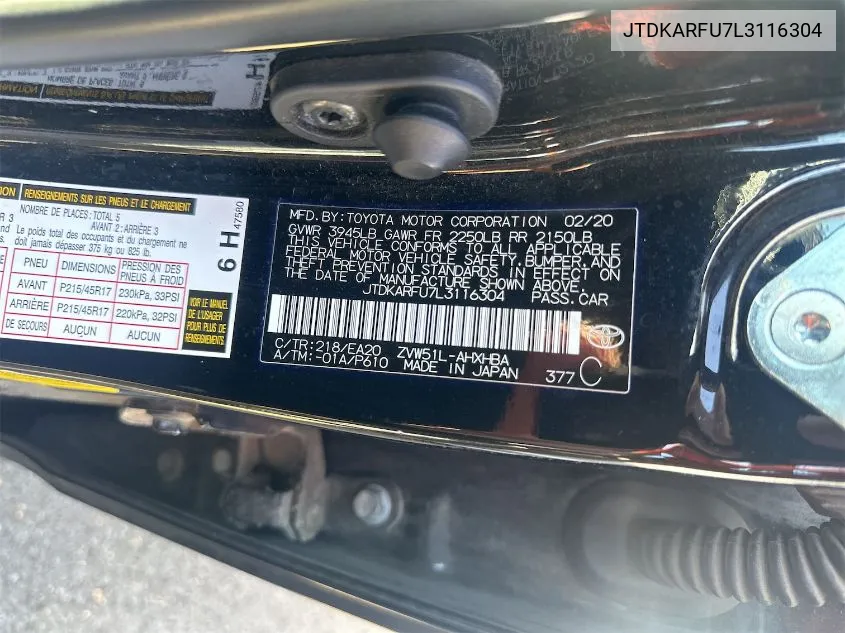 2020 Toyota Prius L/Le/Xle/Limited VIN: JTDKARFU7L3116304 Lot: 40782977