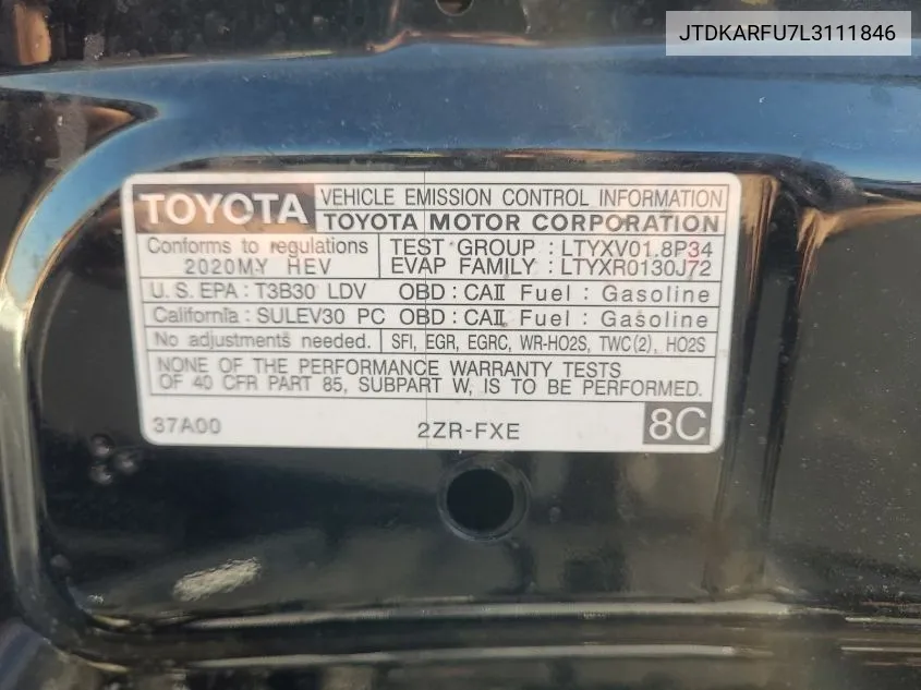 2020 Toyota Prius L/Le/Xle/Limited VIN: JTDKARFU7L3111846 Lot: 40878568