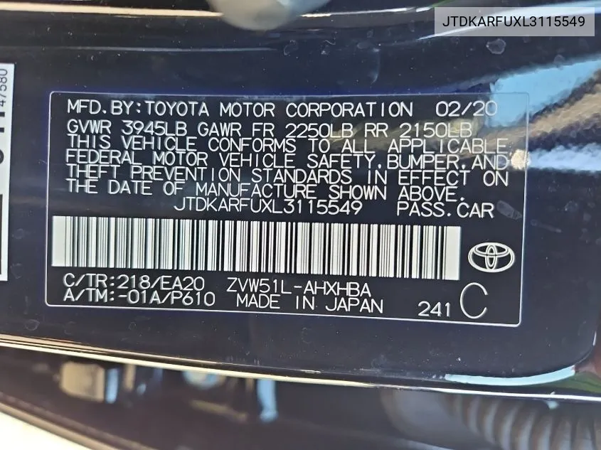 2020 Toyota Prius Xle VIN: JTDKARFUXL3115549 Lot: 40935755