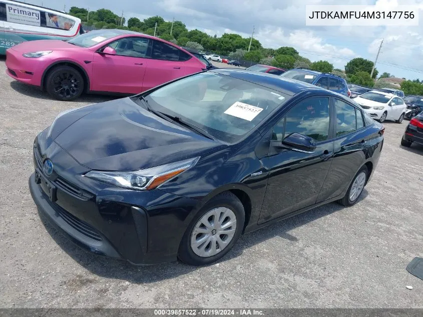 2021 Toyota Prius Le VIN: JTDKAMFU4M3147756 Lot: 39857522