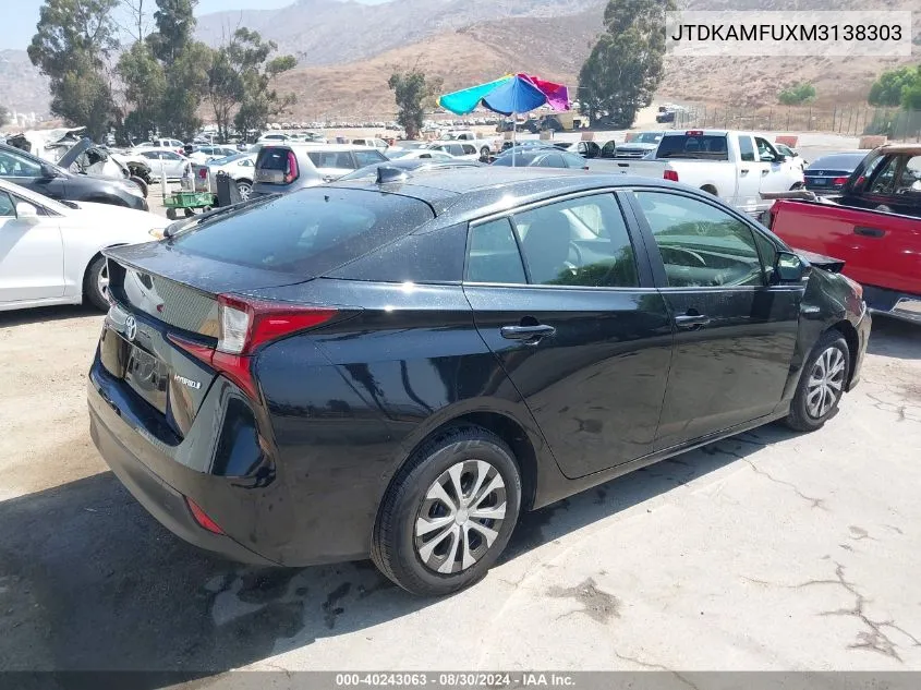 2021 Toyota Prius Le VIN: JTDKAMFUXM3138303 Lot: 40243063