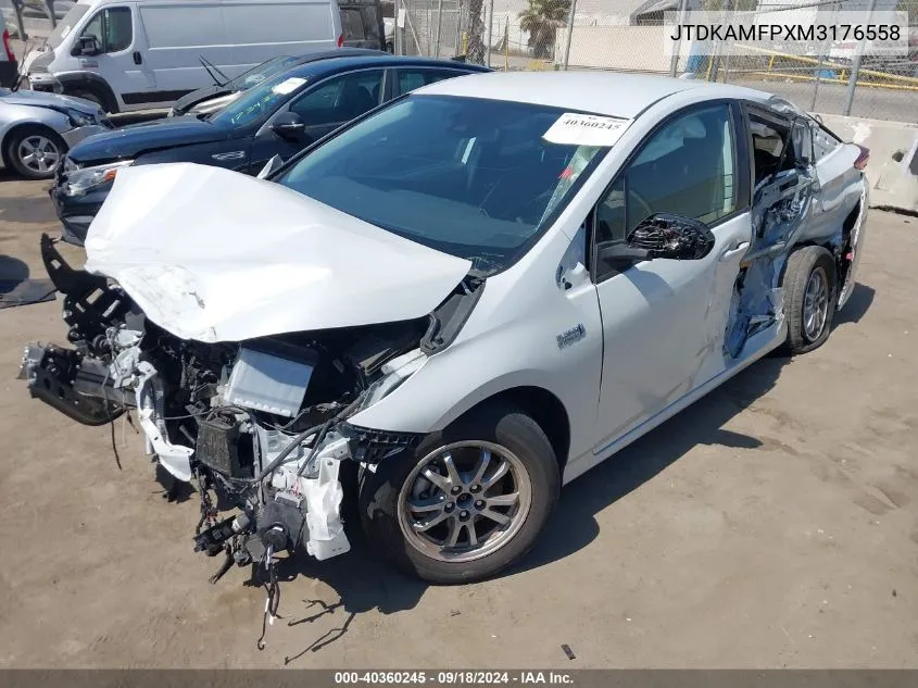 2021 Toyota Prius Prime Le VIN: JTDKAMFPXM3176558 Lot: 40360245