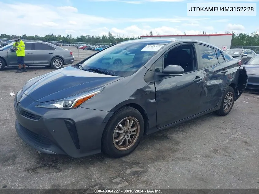 2021 Toyota Prius Le VIN: JTDKAMFU4M3152228 Lot: 40364227