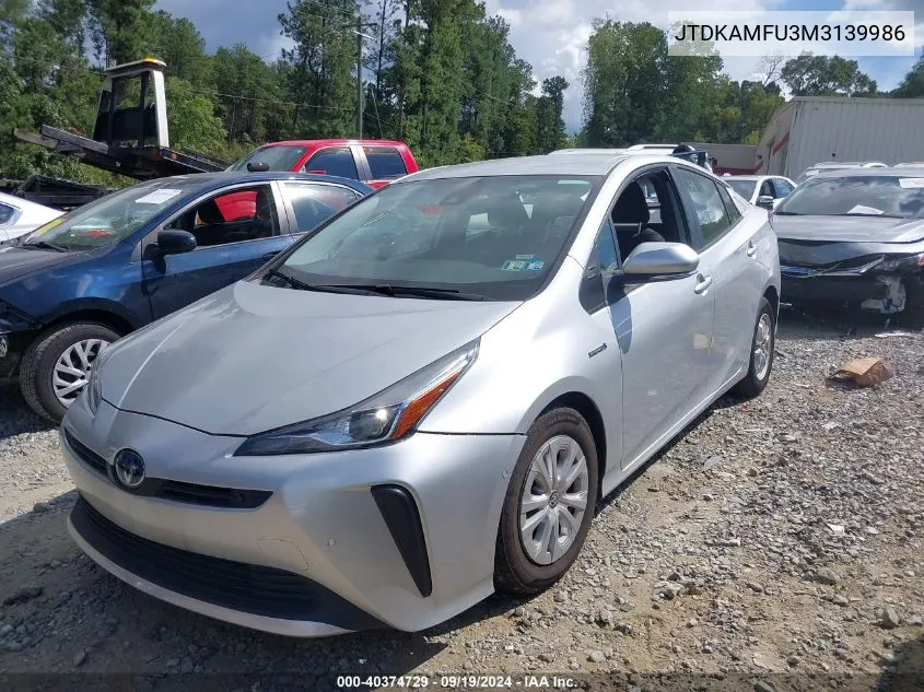 2021 Toyota Prius Le VIN: JTDKAMFU3M3139986 Lot: 40374729