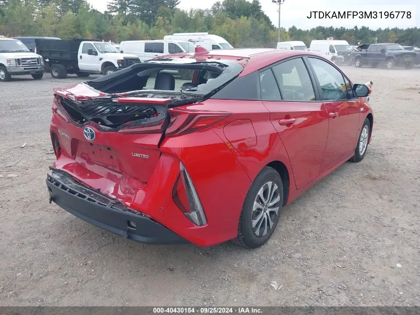 2021 Toyota Prius Prime Limited VIN: JTDKAMFP3M3196778 Lot: 40430154