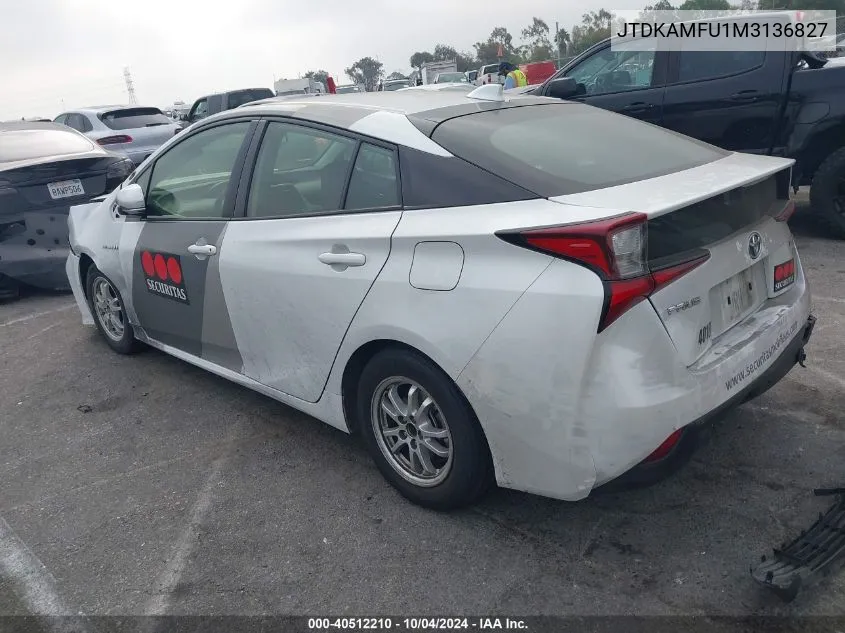 2021 Toyota Prius L Eco VIN: JTDKAMFU1M3136827 Lot: 40512210