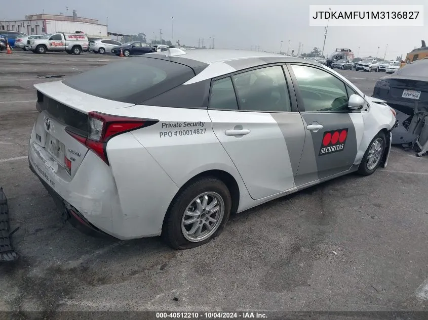 2021 Toyota Prius L Eco VIN: JTDKAMFU1M3136827 Lot: 40512210