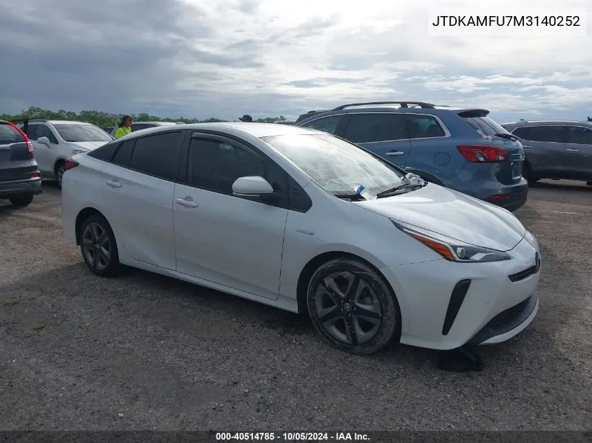 2021 Toyota Prius Limited VIN: JTDKAMFU7M3140252 Lot: 40514785