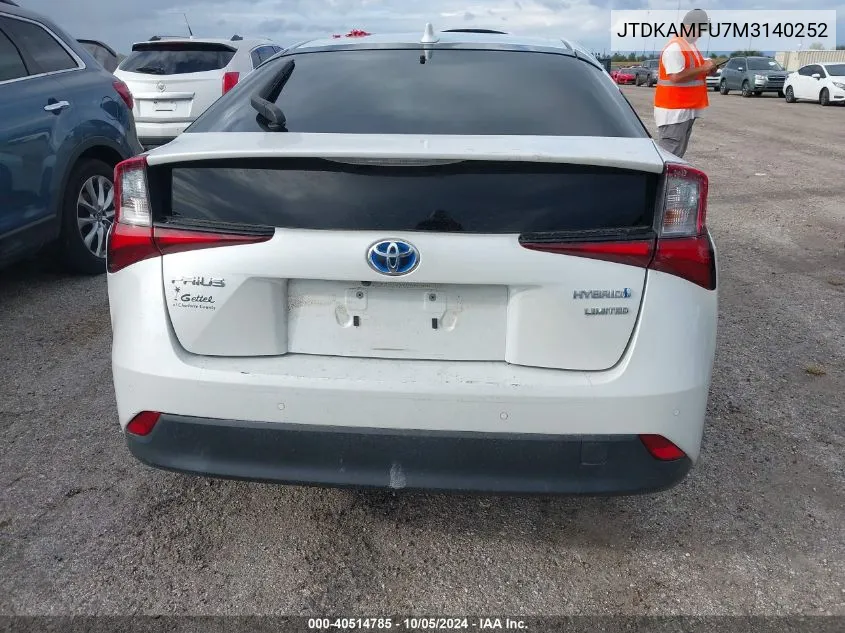 2021 Toyota Prius Limited VIN: JTDKAMFU7M3140252 Lot: 40514785