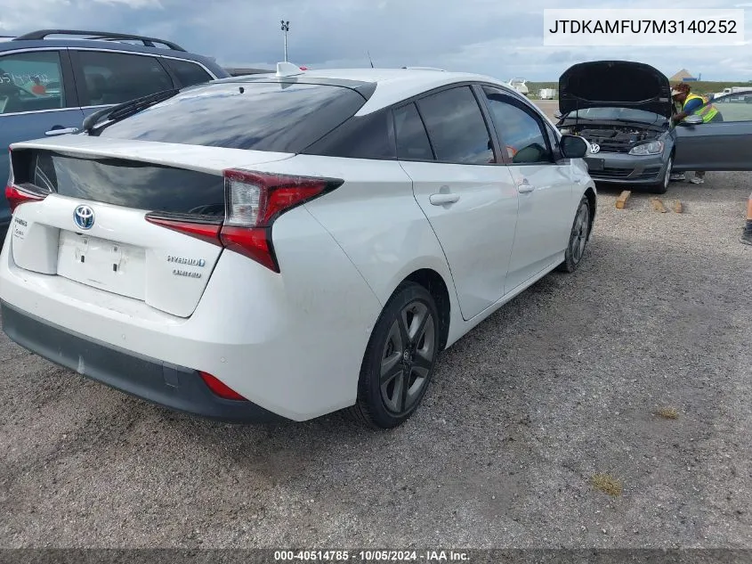 2021 Toyota Prius Limited VIN: JTDKAMFU7M3140252 Lot: 40514785