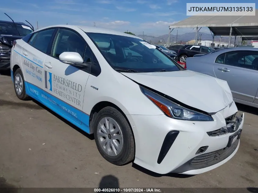 2021 Toyota Prius Le VIN: JTDKAMFU7M3135133 Lot: 40526010