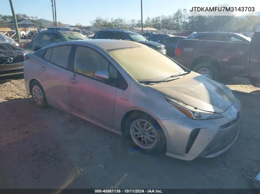 2021 Toyota Prius Le VIN: JTDKAMFU7M3143703 Lot: 40561136