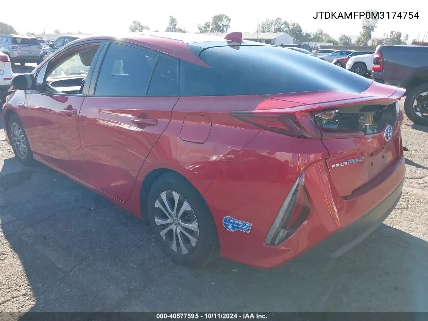 2021 Toyota Prius Prime Le VIN: JTDKAMFP0M3174754 Lot: 40577595