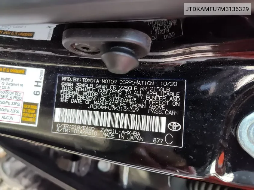 2021 Toyota Prius Xle VIN: JTDKAMFU7M3136329 Lot: 40613776