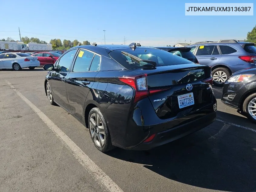 2021 Toyota Prius Xle VIN: JTDKAMFUXM3136387 Lot: 40637573