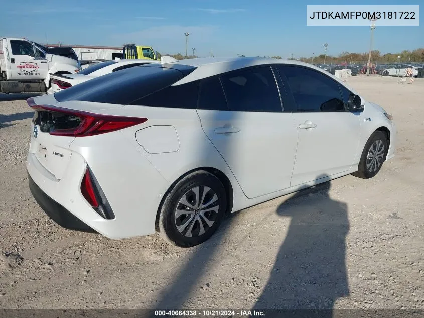 2021 Toyota Prius Prime Limited VIN: JTDKAMFP0M3181722 Lot: 40664338