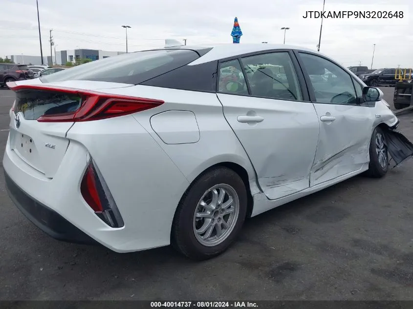 2022 Toyota Prius Prime Xle VIN: JTDKAMFP9N3202648 Lot: 40014737