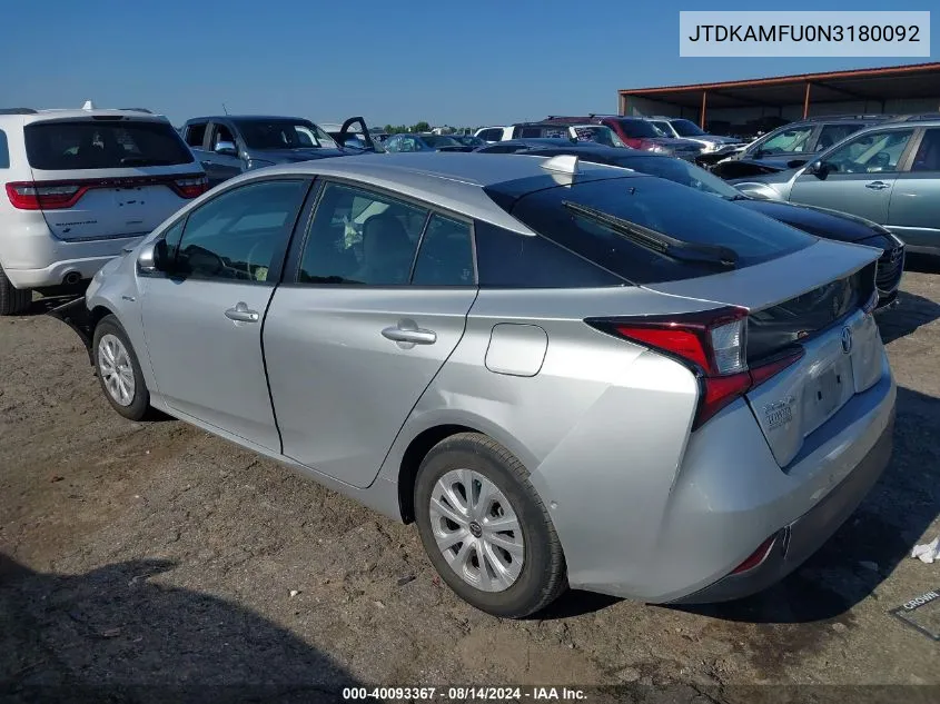 2022 Toyota Prius Le VIN: JTDKAMFU0N3180092 Lot: 40093367