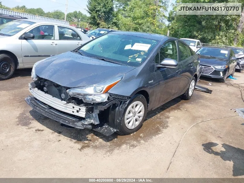 2022 Toyota Prius L VIN: JTDKAMFU1N3170770 Lot: 40200800