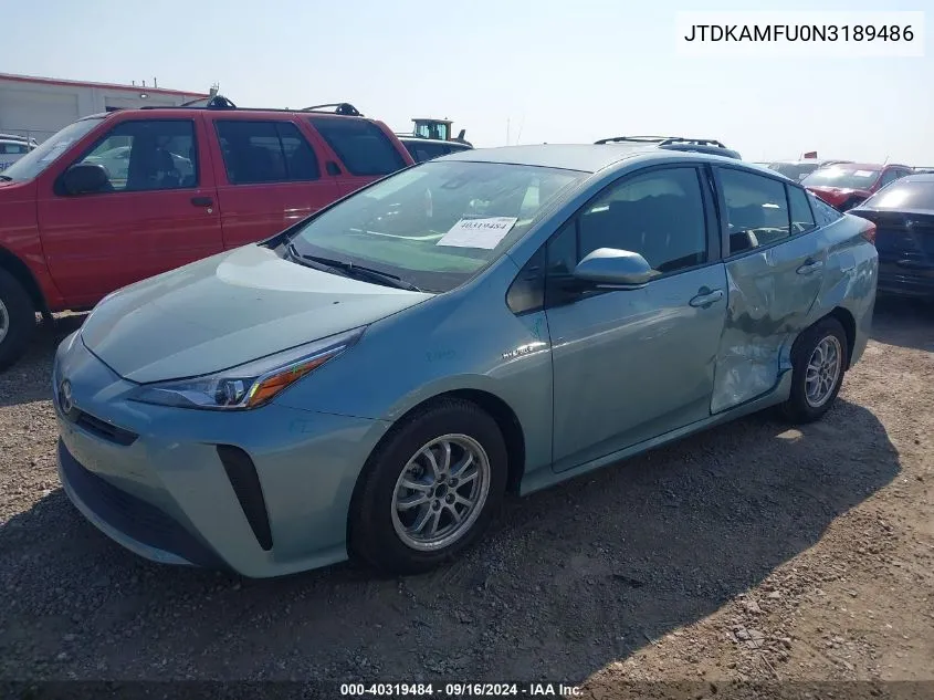 2022 Toyota Prius L VIN: JTDKAMFU0N3189486 Lot: 40319484