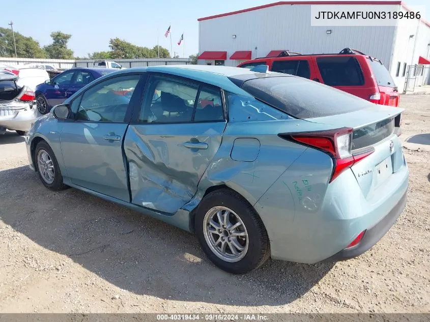 2022 Toyota Prius L VIN: JTDKAMFU0N3189486 Lot: 40319484