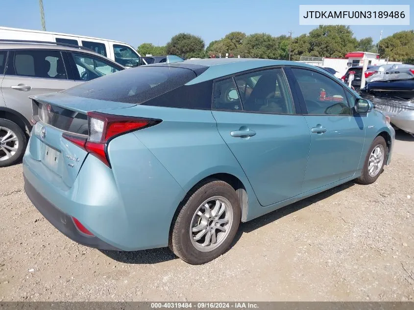 2022 Toyota Prius L VIN: JTDKAMFU0N3189486 Lot: 40319484