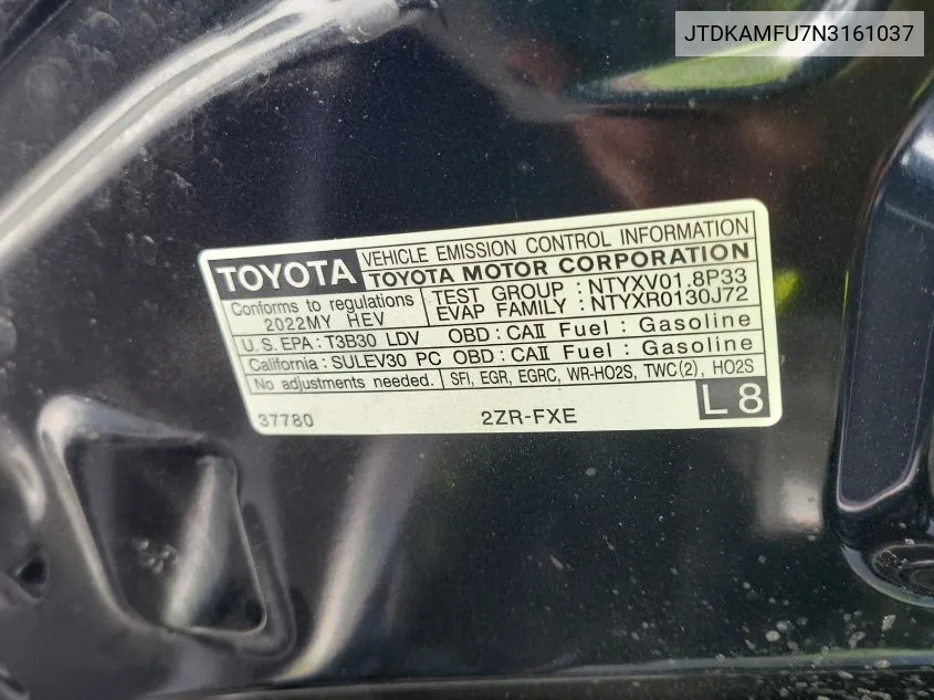 2022 Toyota Prius Night Shade/L/Le/Xle/Limited VIN: JTDKAMFU7N3161037 Lot: 40877942