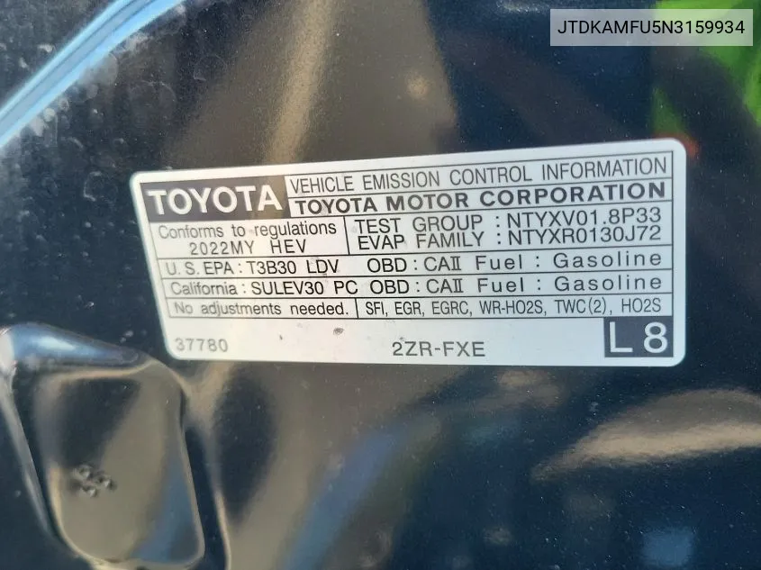 2022 Toyota Prius Night Shade/L/Le/Xle/Limited VIN: JTDKAMFU5N3159934 Lot: 40877965