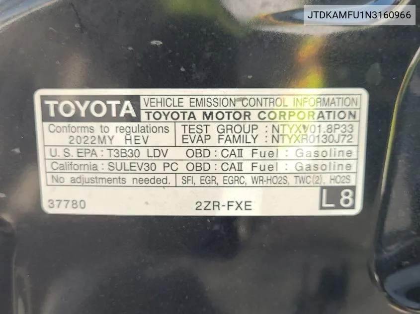 2022 Toyota Prius Night Shade/L/Le/Xle/Limited VIN: JTDKAMFU1N3160966 Lot: 40878071