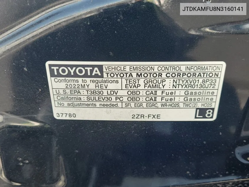 2022 Toyota Prius Night Shade/L/Le/Xle/Limited VIN: JTDKAMFU8N3160141 Lot: 40878074