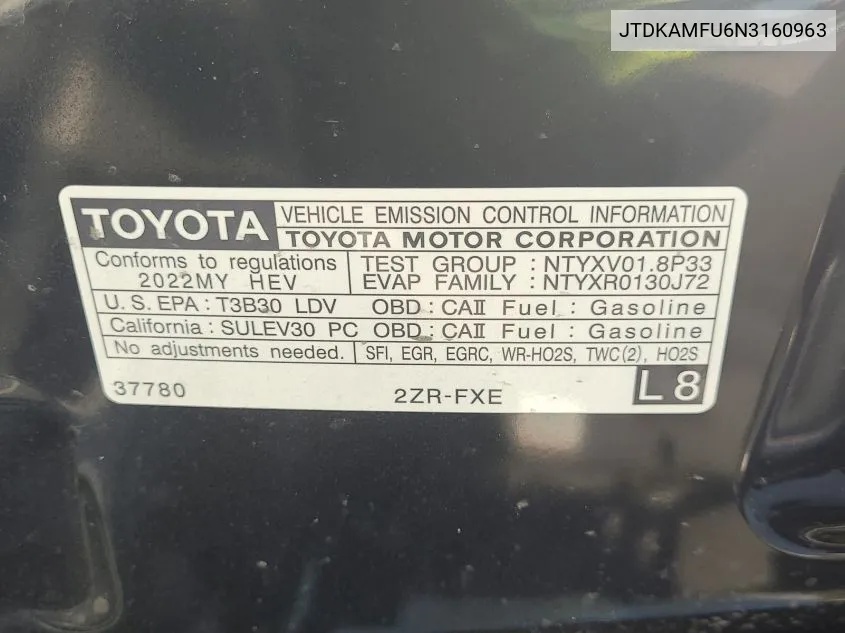 2022 Toyota Prius Night Shade/L/Le/Xle/Limited VIN: JTDKAMFU6N3160963 Lot: 40878167